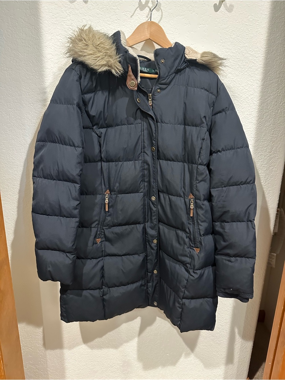 Lauren Ralph Lauren Navy Faux-Fur Trim Down Puffer Coat